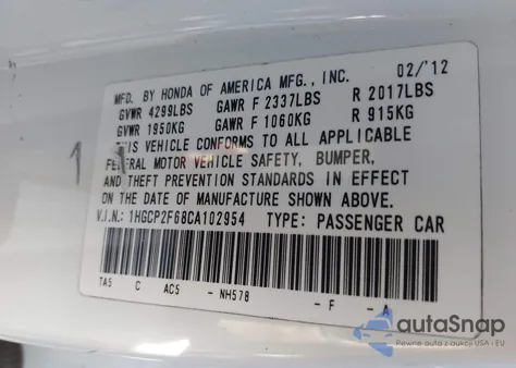 2012 Honda Accord 2.4 Se из США, поврежденный, VIN 1HGCP2F68CA102954